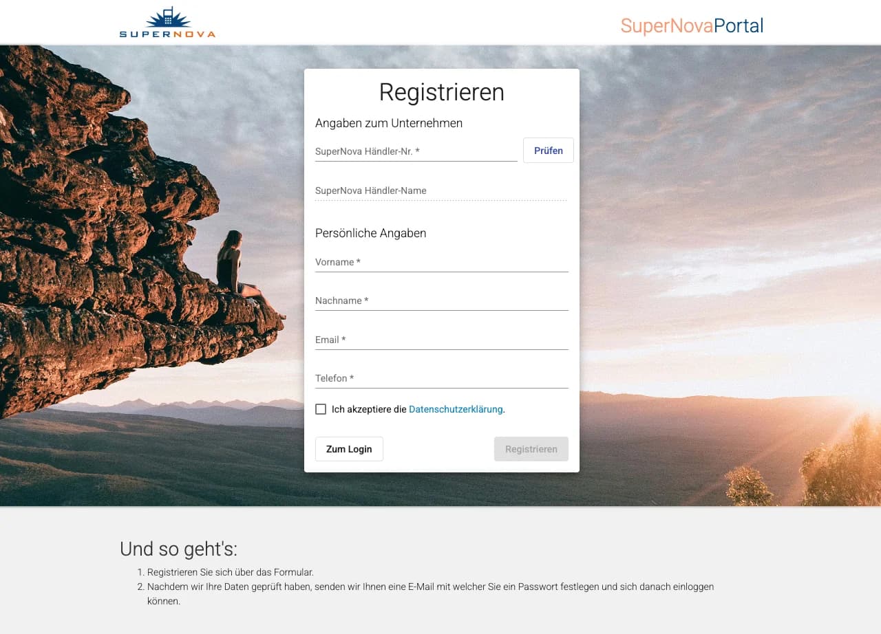 SuperNova Portal: Händler-Dashboard mit Marketingstufen und Maßnahmen